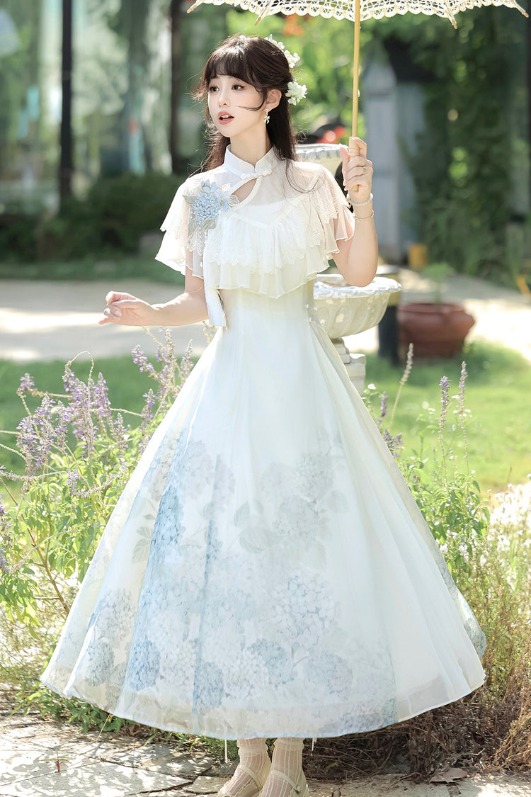 White Hydrangea Message Short Sleeves Print Ruffle Lace Sweet Chinese Style Elegant Lolita Dress