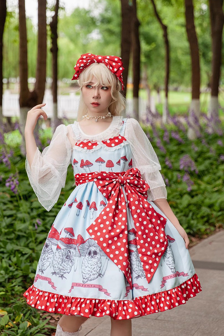 Cat Head Mushroom Print Ruffle Bowknot Sweet Lolita Dress 2 Colors