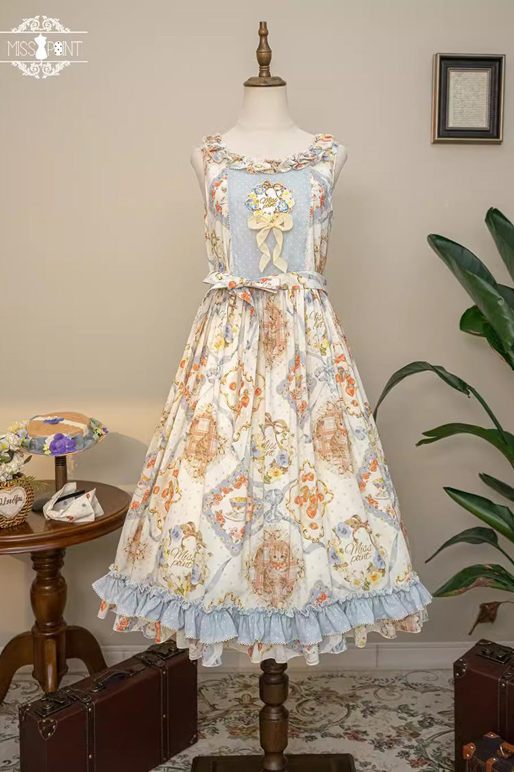 Cat Rose Tea Sleeveless Print Ruffle Bowknot Sweet Lolita Jumper Dress 3 Colors