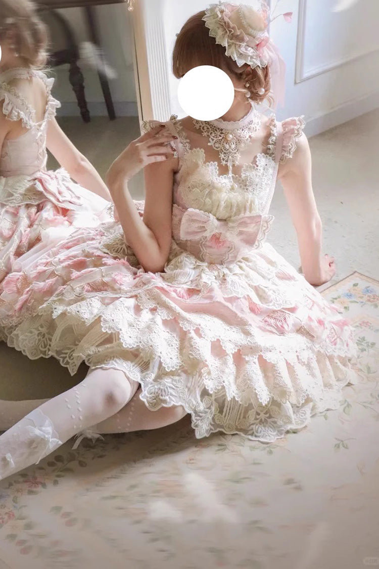 Pink Peacock Feather Multi-Layered Ruffle Hanayome Cardigan Bowknot Lace Sweet Lolita Jsk Dress Set