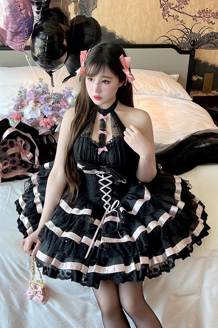 Black Ballet Dream Halterneck Triple-Layered Ruffle Bowknot Lace-Up Sweet Princess Lolita Dress