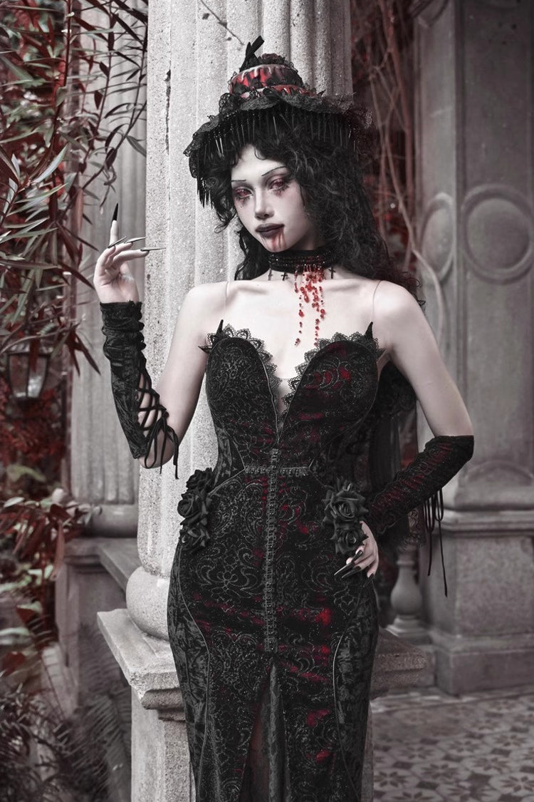 Black/Red Scarlet Blood Peak Sleeveless High Waisted Ruffle Embroidery Lace Gothic Lolita Fishtail Dress