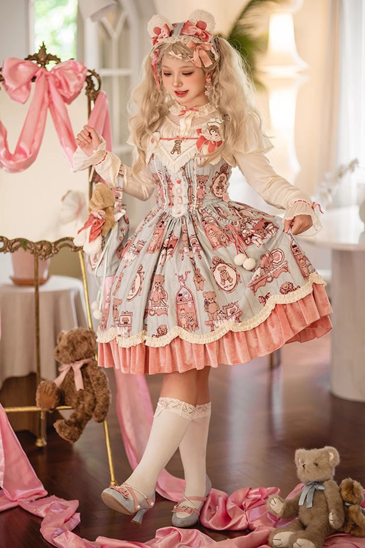 Pink/Green Bear Doll Wall Print Ruffle Embroidery Bowknot Sweet Lolita Jsk Dress