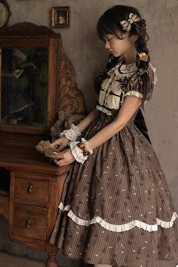 Brown Moro Coco Hot Air Balloon Print Ruffle Bowknot Sweet Elegant Princess Lolita Dress Long Version