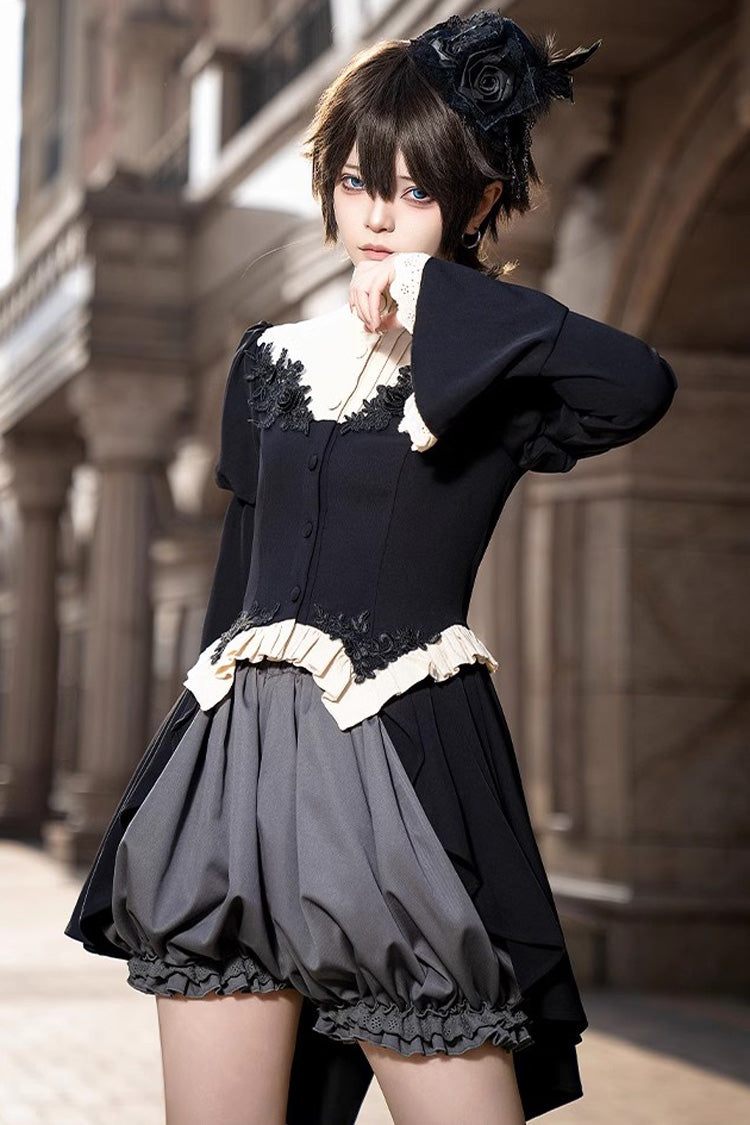 Black Eternal Night Feast Long Sleeves Gothic Prince Handsome Ouji Lolita Tailcoat Top and Shorts Set