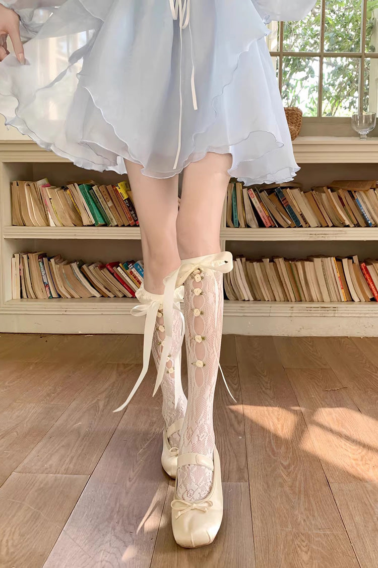 Flower Cut-Out Lace Bow Sweet Lolita Stockings 2 Colors
