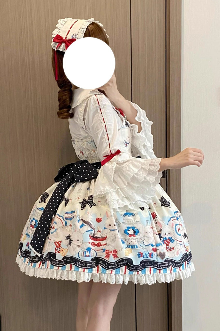 Beige Mystery Rabbit Tea Party Sleeveless Print Ruffle Bowknot Lace Sweet Lolita Jsk Dress