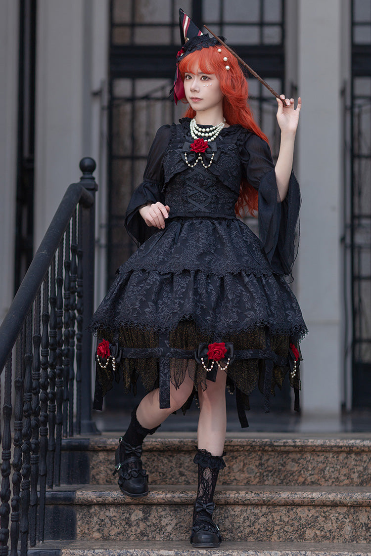 Black Apprentice Witch Double-Layered Ruffle Lace Gothic Lolita Skirt