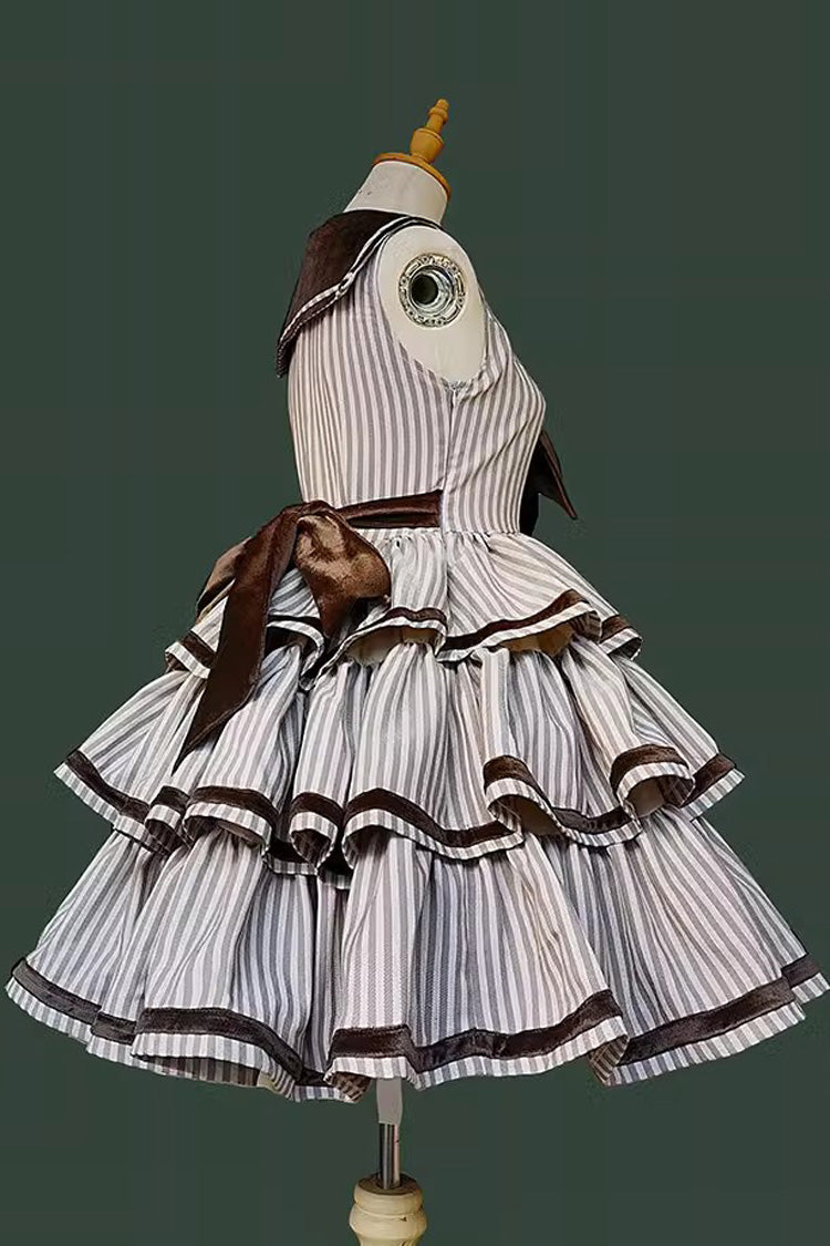 From the Other Side Sleeveless Triple-Layered Vertical Stripes Print Print Ruffle Bowknot Sweet College Style Lolita Jsk Dress