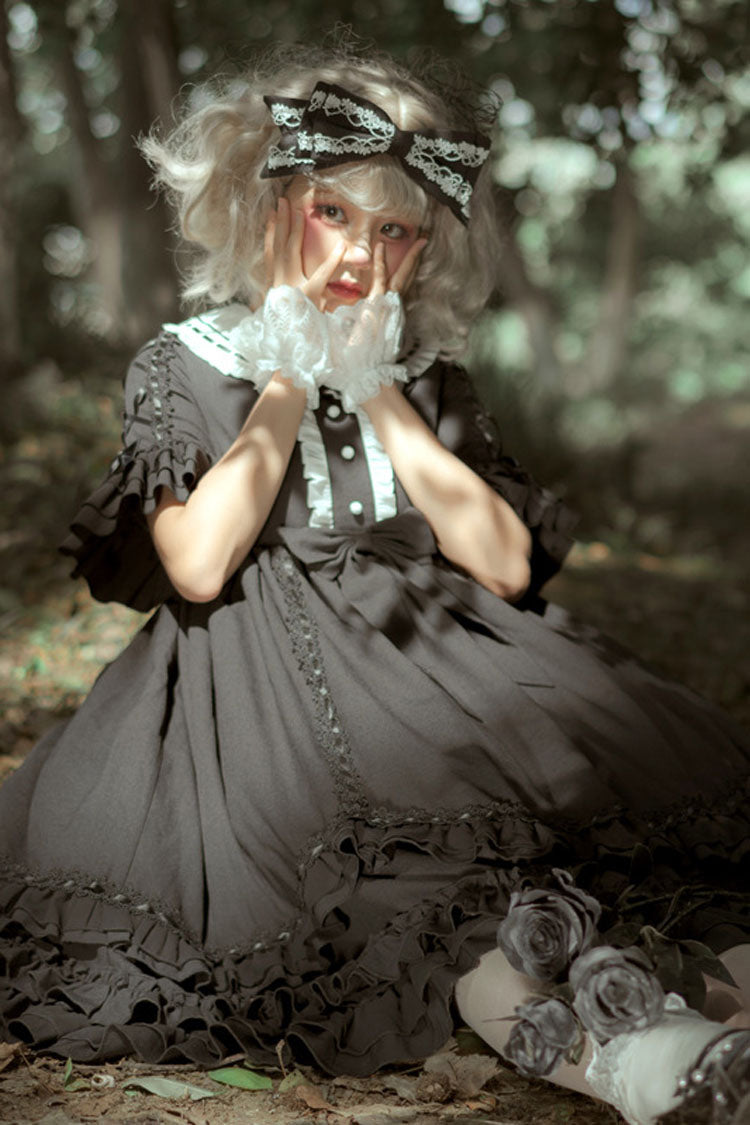 Black Short Sleeves High Waisted Bowknot Ruffled Multi-Layer Gothic Lolita Op Dress