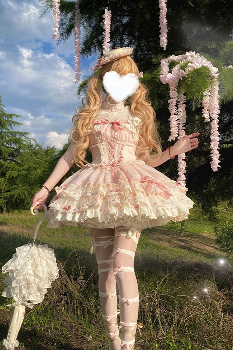 Pink Flory Butterfly Double-Layered Ruffle Bowknot Lace Lace-Up Sweet Ballet Lolita Jsk Dress