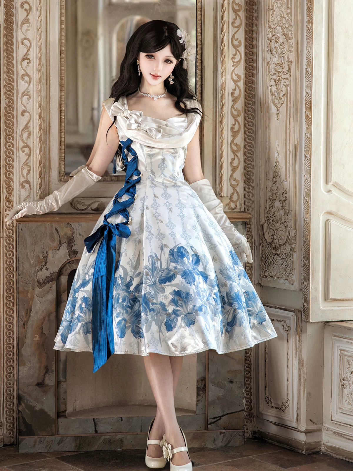 Blue Floral Print Sleeveless Drape Collar Side Lace-Up Bow Sweet Princess Vintage Lolita Dress