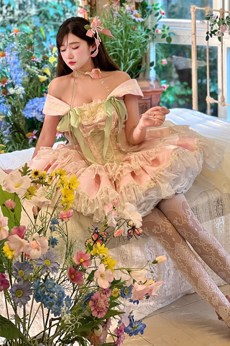 Pink Tulip Love Song Boat Neck Double-Layered Ruffle Bowknot Lace Lace-Up Romantic Sweet Princess Lolita Dress