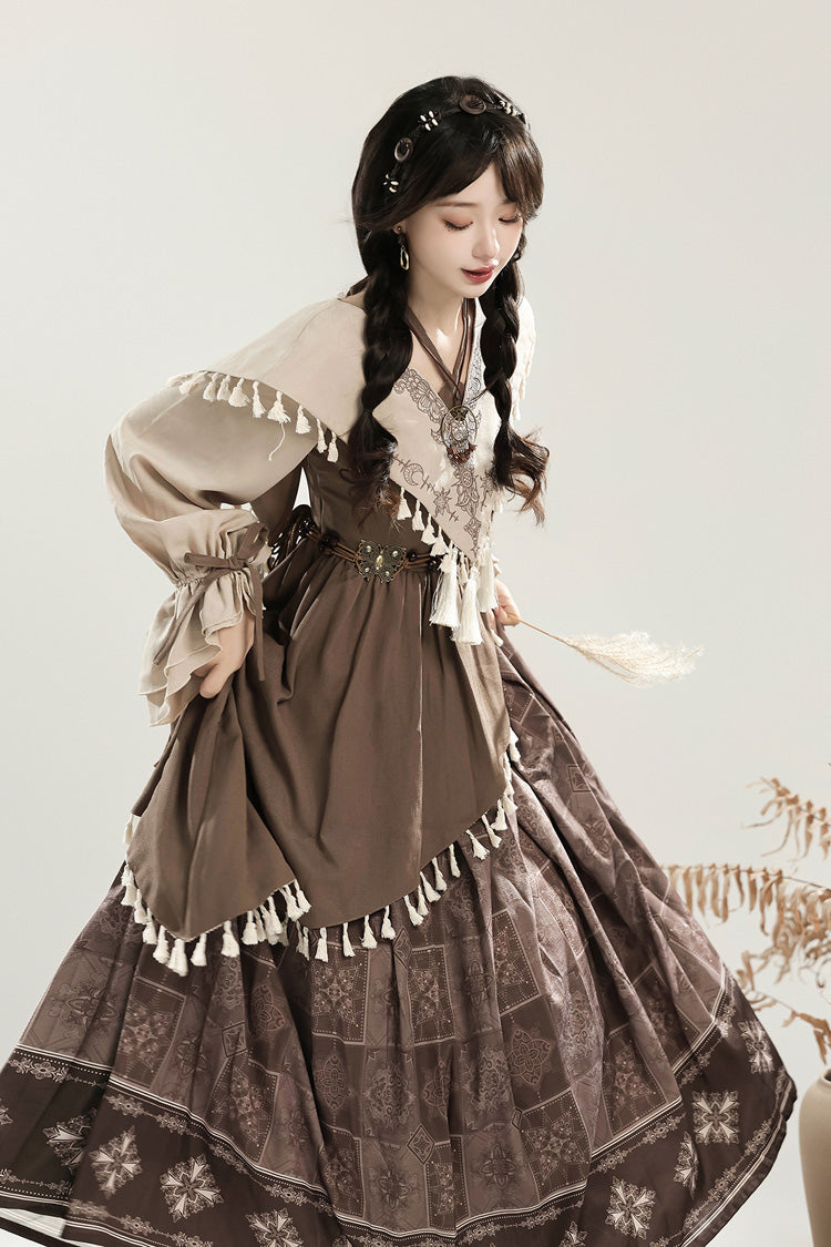 Brown Mysterious Tribe Long Lantern Sleeves Print Ruffle Asymmetric Sweet Chinese Style Lolita Dress
