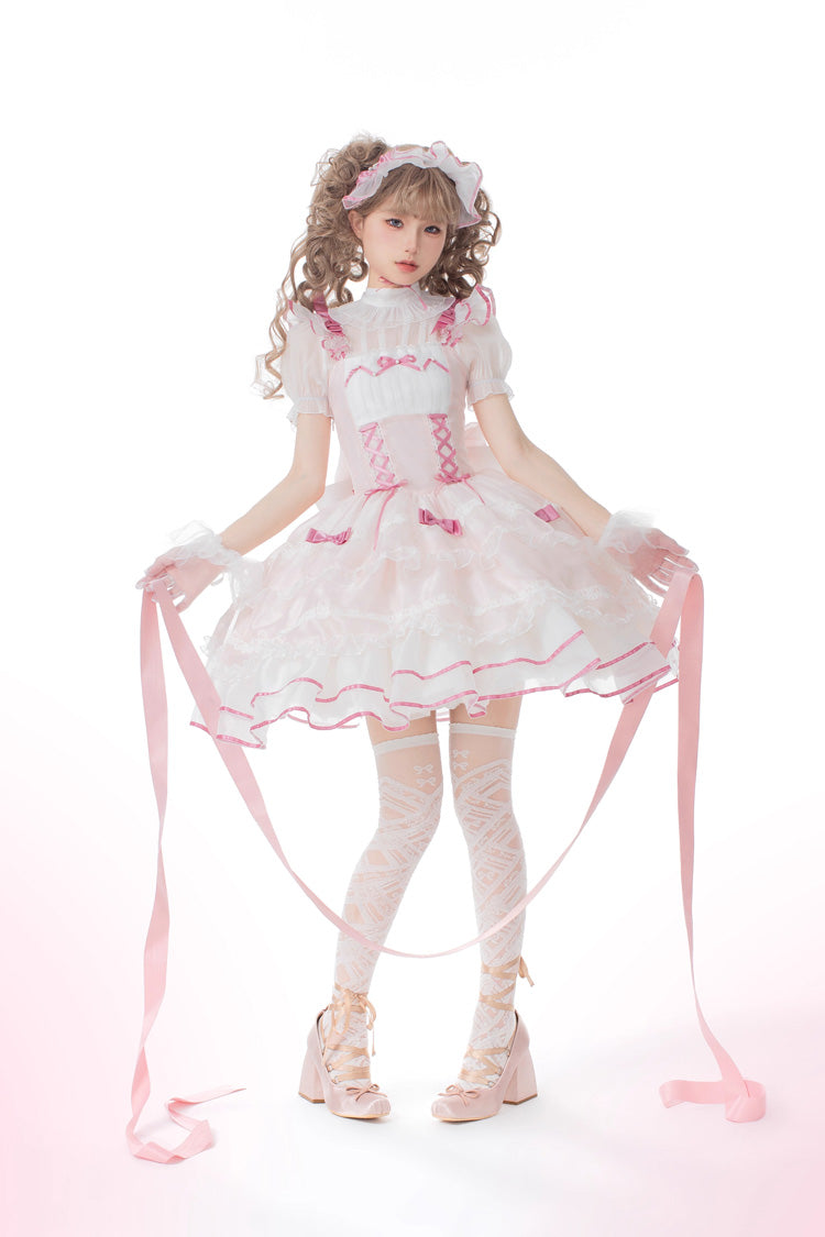 Pink Multi-layer Ruffle Bowknot Lace-Up Ballet Style Sweet Princess Lolita Tiered Dress