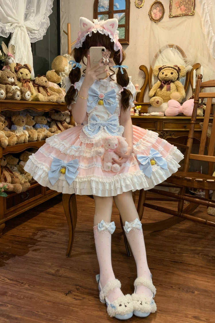 Pink Meowling Sweet Maid Sleeveless Multi-Layered Ruffle Bowknot Lace Sweet Princess Lolita Jsk Dress