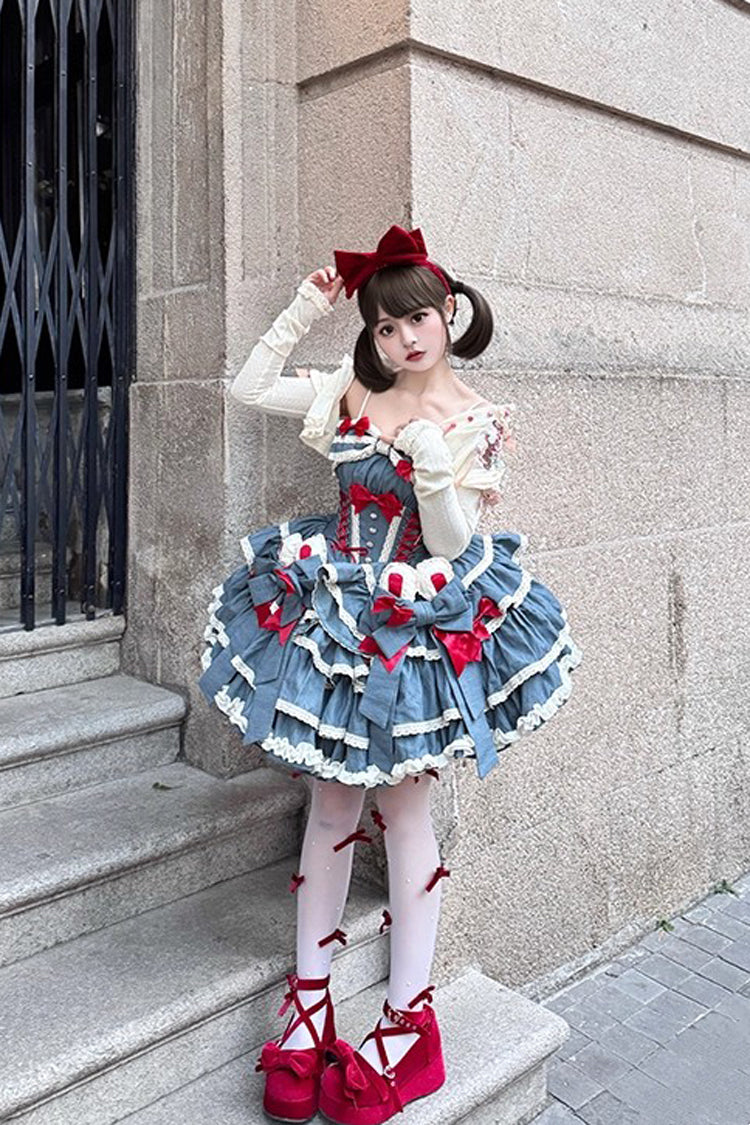 Blue Milk Rabbit Theater Halterneck Sleeveless Triple-Layered Ruffle Bowknot Lace-Up Sweet Lolita Jsk Dress