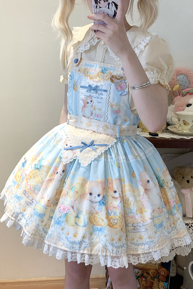 Blue Pineapple Cat Print Sleeveless Bowknot Lace Sweet Lolita Strap Dress
