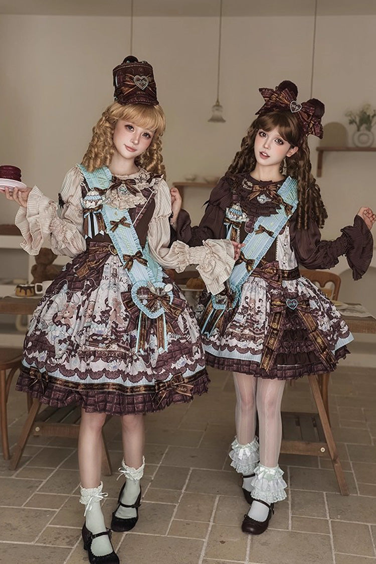 Brown Teddy Bear Chocolate Sleeveless Print Ruffle Bowknot Sweet Lolita Jsk Dress