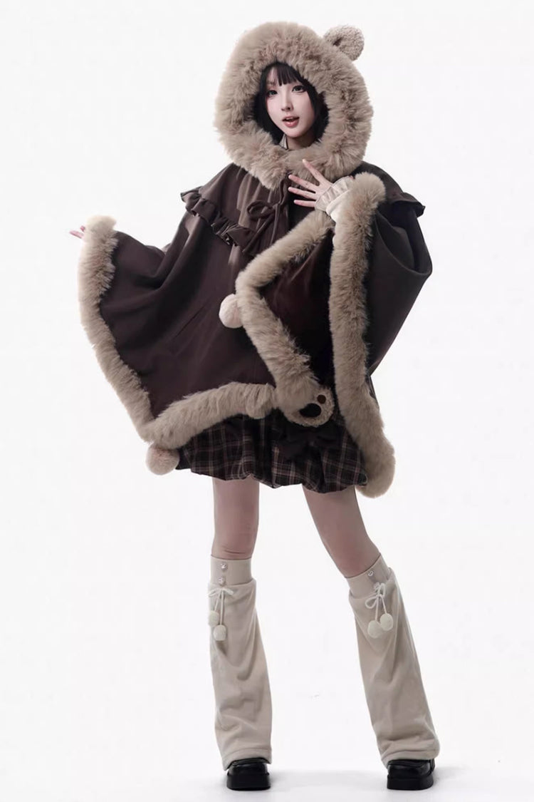 Brown Fluffy Little Bear Sleeveless Printed Ruffled Bow Sweet Lolita Strap Dress