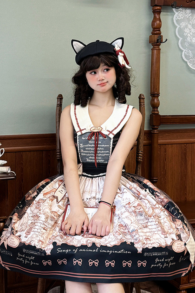 Black Fox Band Print Square Collar Bowknot Classic Lolita Jumper Dress