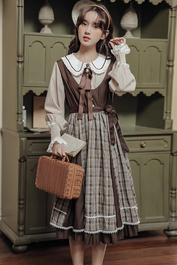 White/Brown Campus Style Doll Collar Lantern Sleeves Plaid Sweet Lolita OP Dress