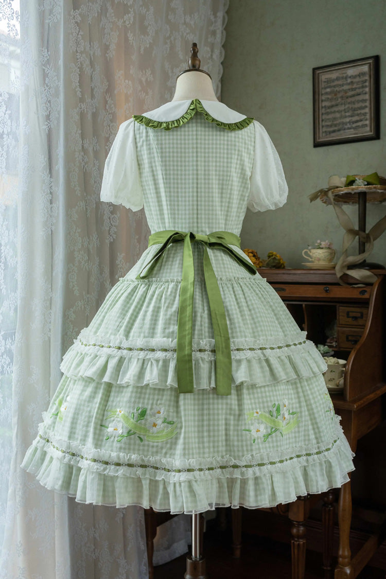 Green Doll Collar Short Sleeves Plaid Print Ruffle Hollow Embroidery Bowknot Sweet Elegant Lolita Dress