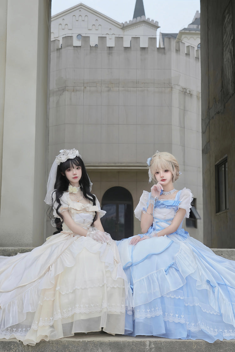Sweet Short Puff Sleeves Ruffle Hanayome Cardigan Bowknot Princess Gorgeous Lolita Dress 2 Colors