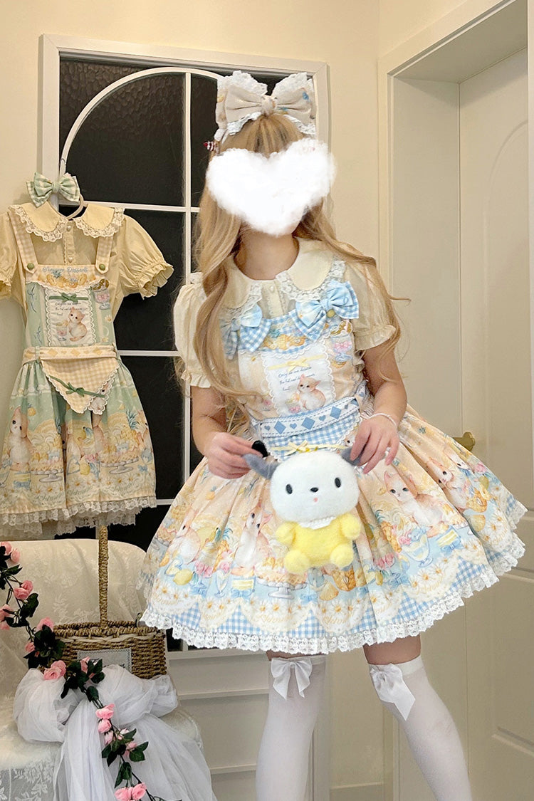 Yellow Pineapple Cat Print Sleeveless Bowknot Lace Sweet Lolita Strap Dress