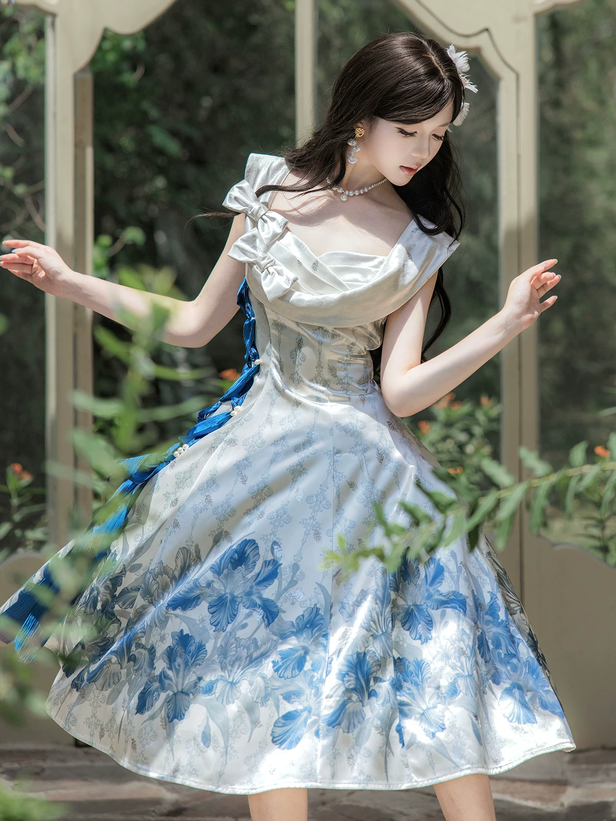 Blue Floral Print Sleeveless Drape Collar Side Lace-Up Bow Sweet Princess Vintage Lolita Dress
