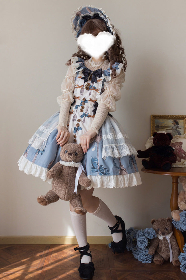 Blue The Witch's Banquet Sleeveless Printed Ruffled Embroidered Bow Lace Sweet Lolita Jsk Dress