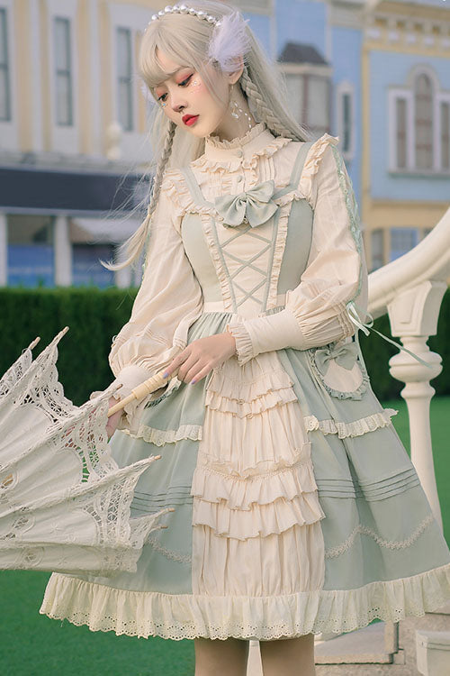 Light Green Japanese Country Style Bowknot Cardigan Ruffled Sweet Lolita JSK Dress
