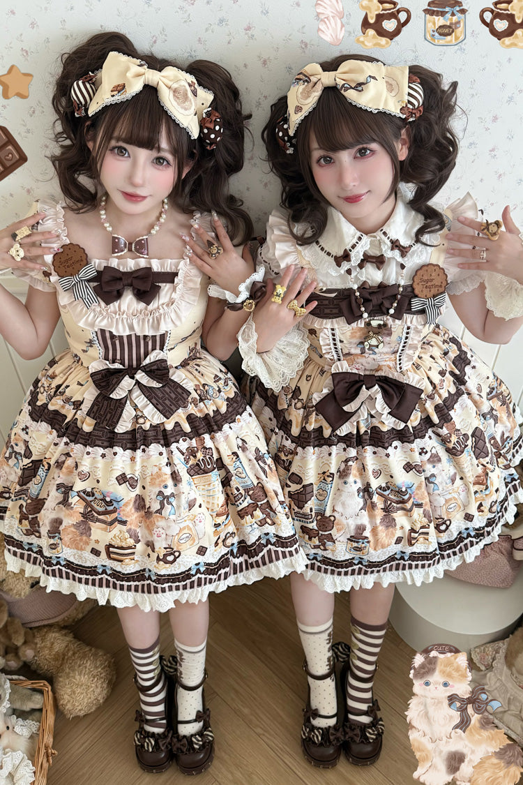 Chocolate Cake Party Square Collar Sleeveless Printed Ruffled Bow Daily Sweet Lolita Jsk Dress 2 Colors