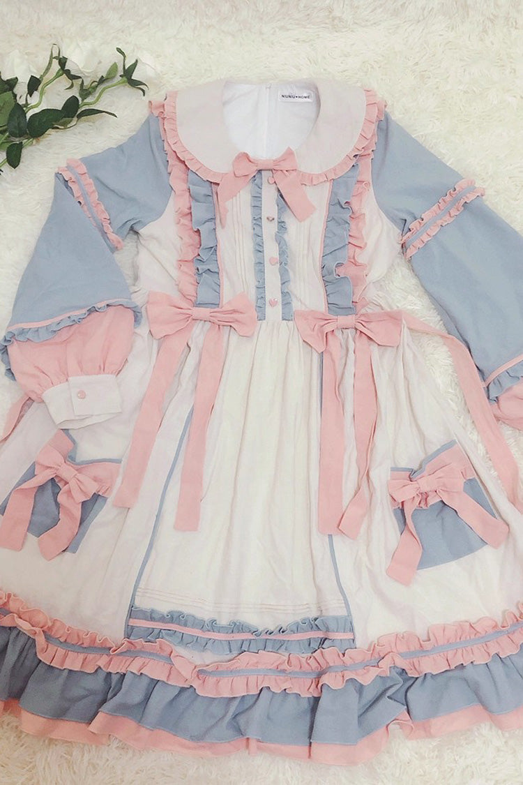 Blue/Pink Sweetheart Puff Doll Collar Long Sleeves Ruffle Bowknot Sweet Plus Size Lolita Dress