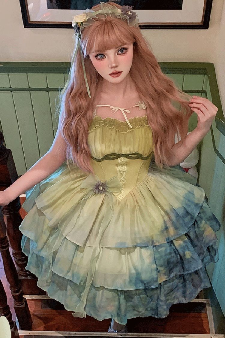 Green Gradient The Forty-Fourth Sunset Oil Painting Triple-Layered Ruffle Bowknot Sweet Lolita Jsk Dress
