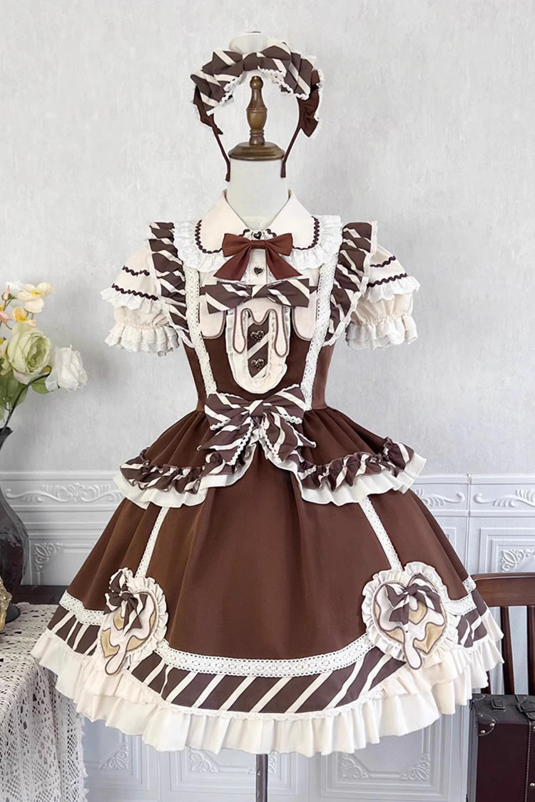 Brown Short Sleeves Print Ruffle Bowknot Sweet Princess Lolita Jsk Dress Set