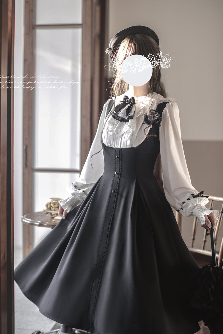 Black/White Sunset Academy Long Sleeves Ruffle Bowknot Fake Two Pieces Vintage College Style Elegant Lolita Dress