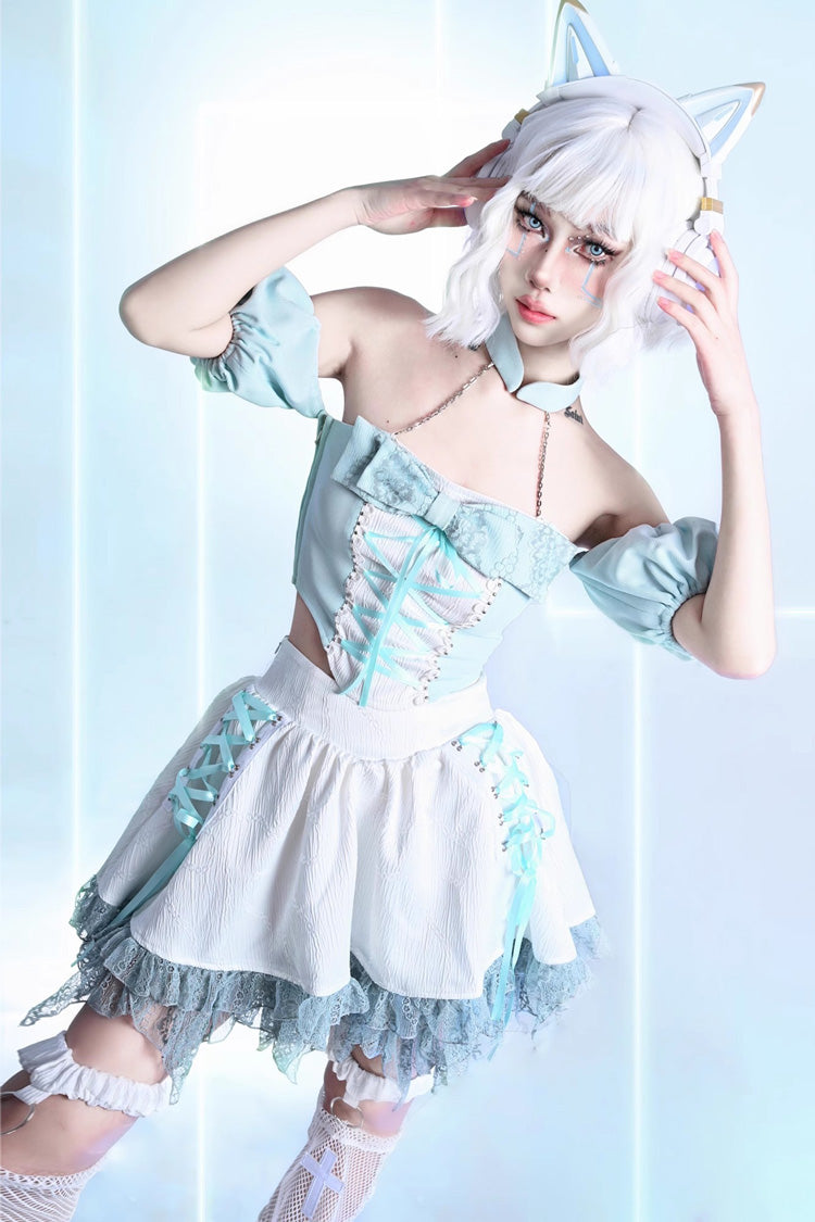 White Virtual Idol Ruffle Lace Lace-Up Sweet Lolita Skirt