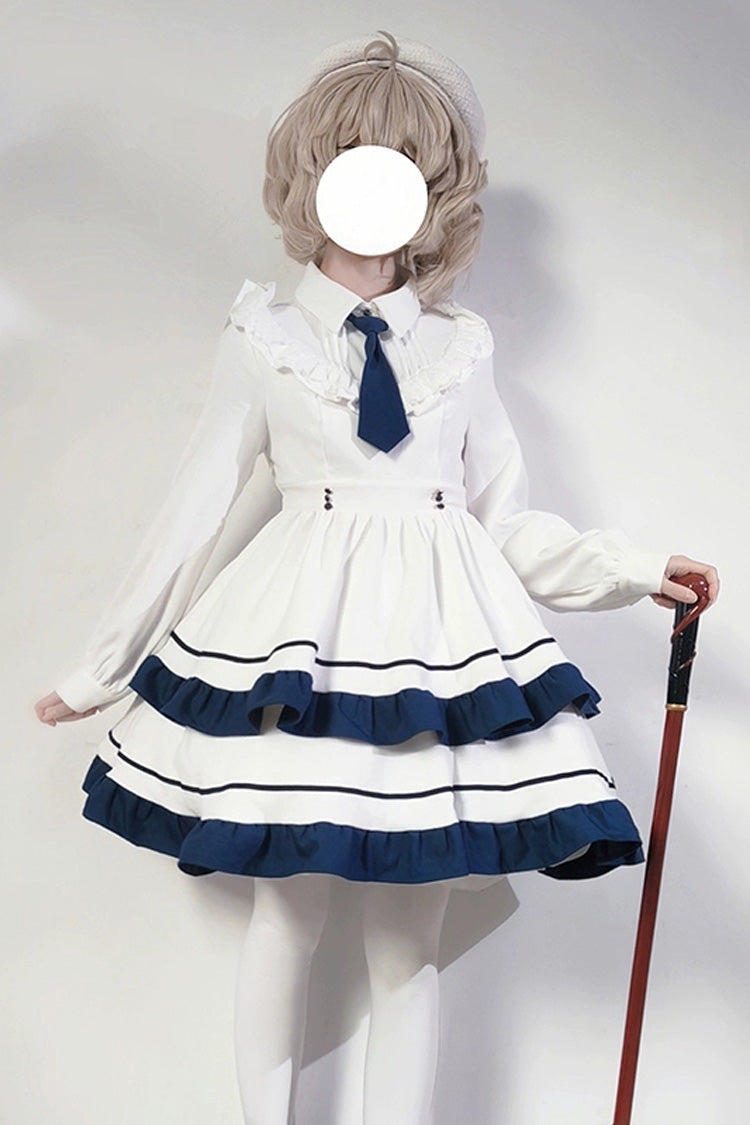 White Long Sleeves Double-Layered Ruffle Sweet College Style Lolita Dress