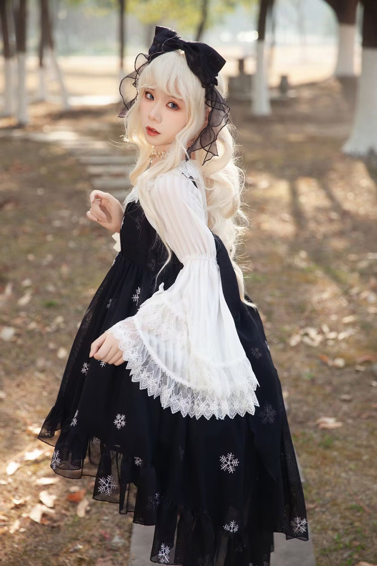 Feather Snowflake Embroidery Print Sleeveless Ruffle Bowknot Sweet Lolita Jsk Dress 3 Colors