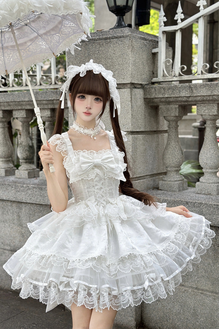 White Fleishi Island Sleeveless Ruffle Bowknot Lace Slim Sweet Ballet Lolita Jsk Dress