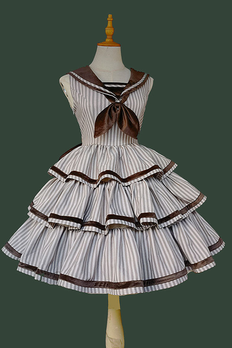 From Afar Sleeveless Triple-Layered Stripe Print Bowknot Sweet College Style Lolita Dress 2 Colors