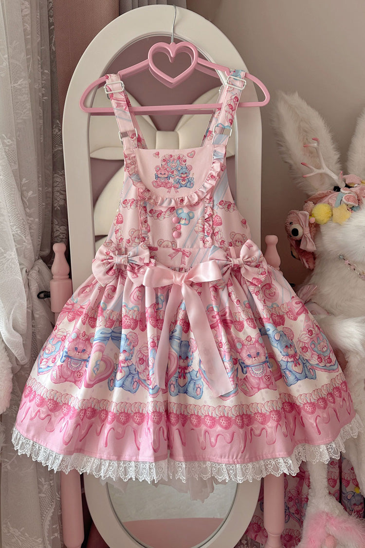 Milky Berry Bear Print Pink Bowknot Stitching Lace Sweet Lolita Strap Dress