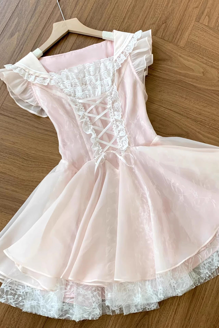 Pink Floral Letter Square Collar Ruffled Lace Lace-Up Sweet Princess Ballet Lolita Dress