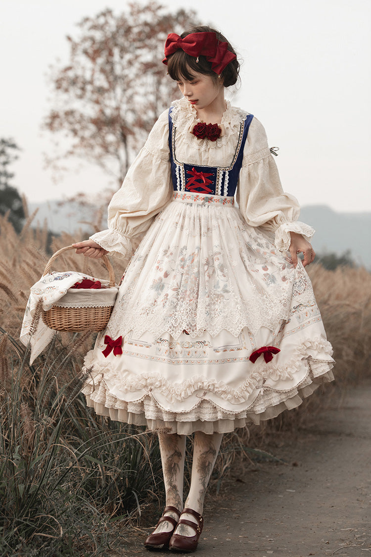 Ivory Ode to Plenty Berries and Birds Print Ruffle Bowknot Velvet Classic Lolita Breast Support Jsk Dress