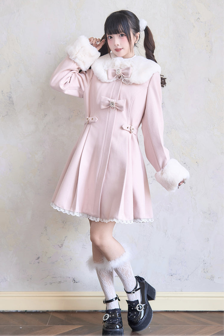 Sweet Plush Collar Waist-cinched Long Sleeves Bowknot Lace Japanese Lolita Coat 4 Colors