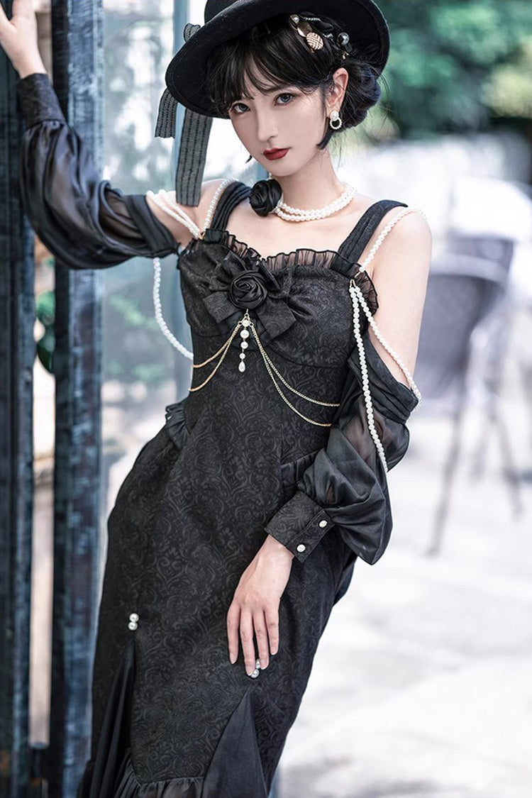Black Camellia 1.0 Sleeveless Jacquard Ruffle Lace Gothic Chinese Style Lolita Jsk Fishtail Dress