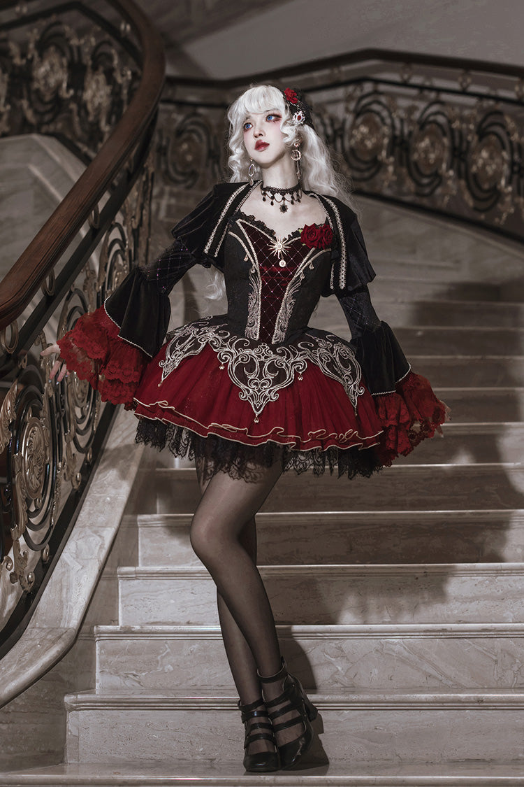 Black/Red Blood Clan Feast Ruffle Embroidery Lace Gothic Lolita Jsk Dress Set