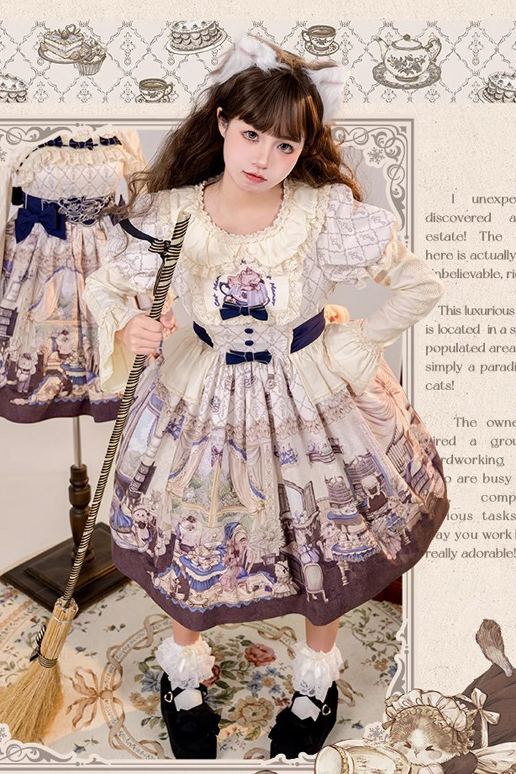 Multi-Color Short Sleeves Cat Manor Print Embroidery Bowknot Sweet Lolita OP Dress
