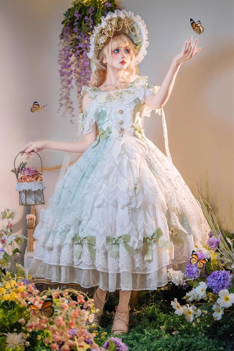 Green Glazed Phantom Off Shoulder Ruffle Hanayome Bowknot Lace Sweet Elegant Lolita Dress